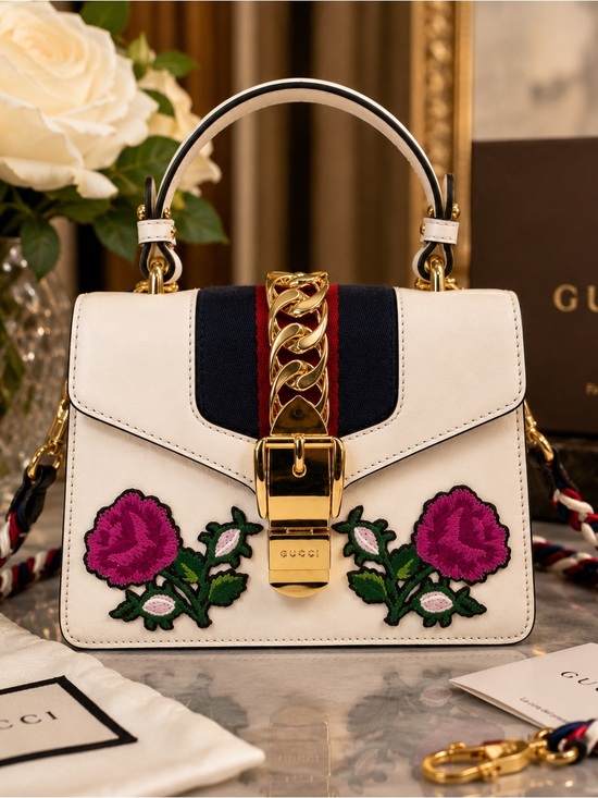 Gucci Handbags - Gucci Sylvie Top Handle Bag - White Leather-Rare Gucci
